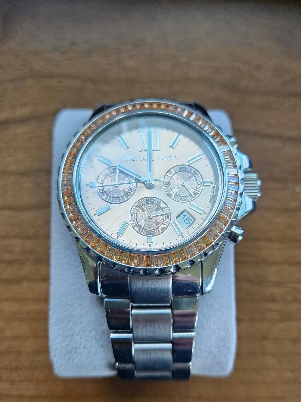Michael Kors Silver-Tone Watch with Champagne Dial and Pink Crystal Bezel